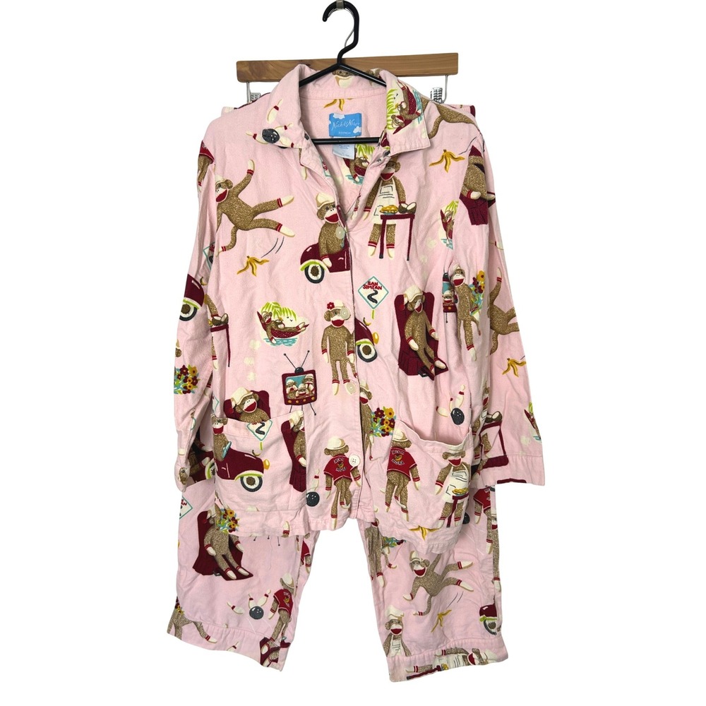 Nick & Nora Pajama Set Women L Pink Sock Monkey Flannel Kitsch Sleepwear AS IS